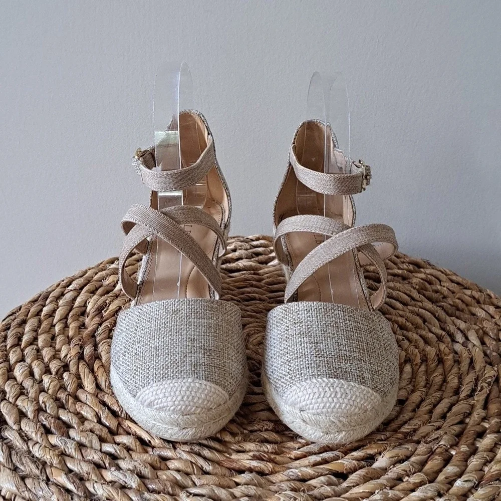 Talbots Womens Lyndsay Strappy Beige Woven Canvas Wedge Espadrille Sandals S-7